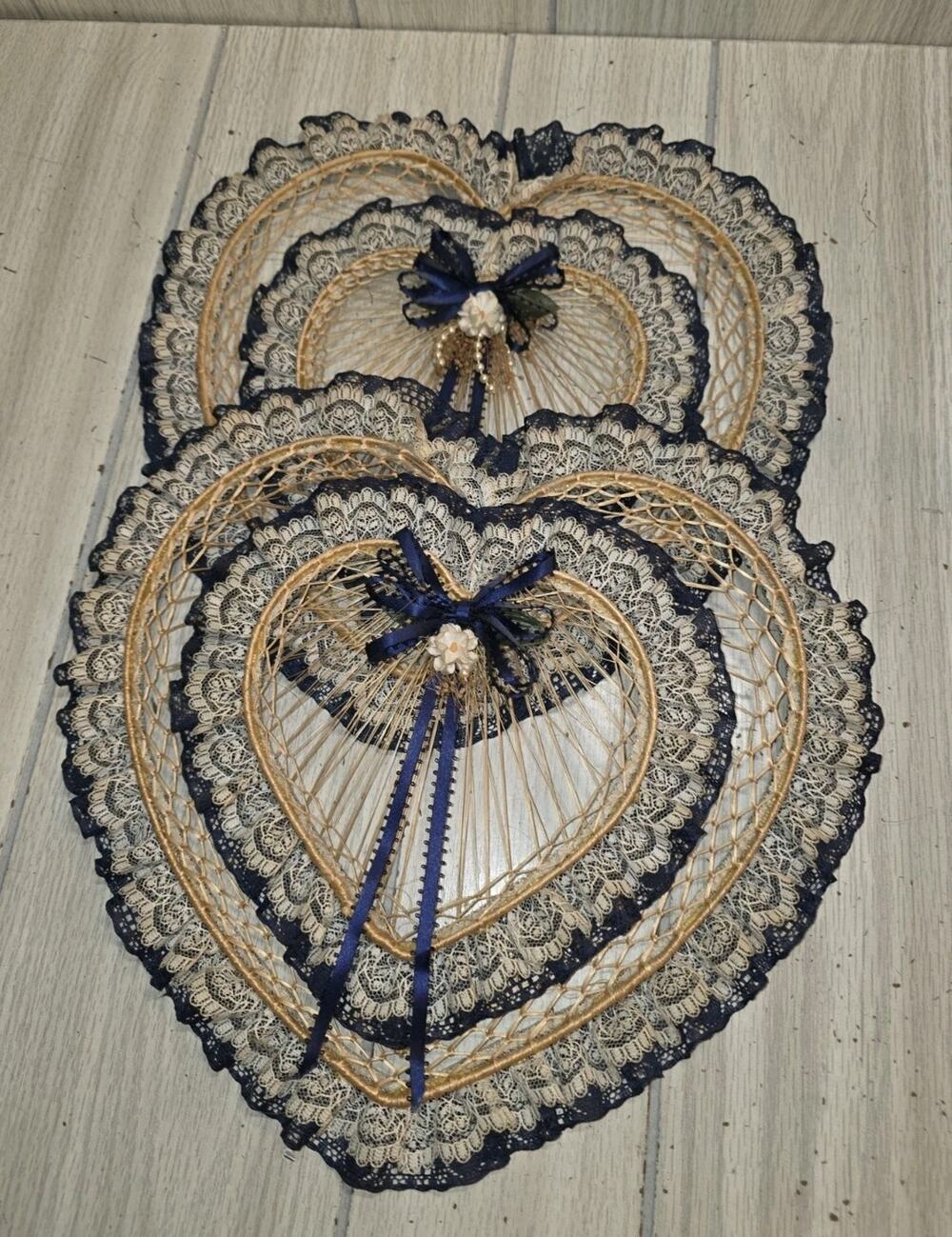 Vintage Woven Wicker Lace Heart Wall Decor Set Handmade Flower Boho Heritage